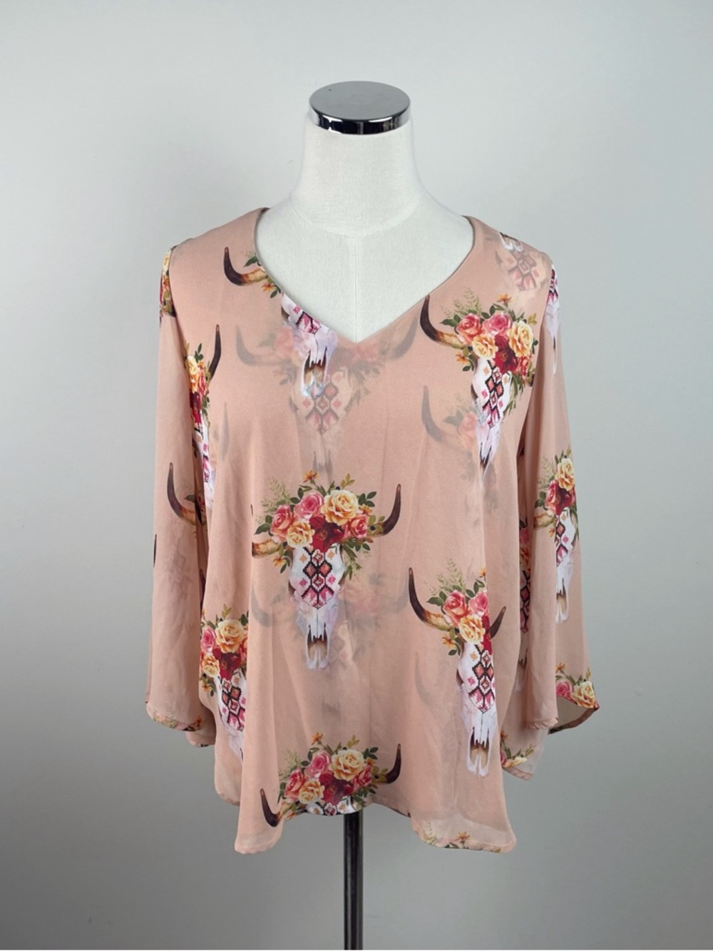 Show Me Your MuMu Peach Pink Skull Floral Long Sleeve Blouse Top Women XS